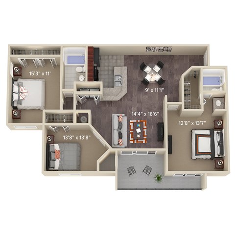 C1 SPRUCE three bedroom two bathroom floor plan